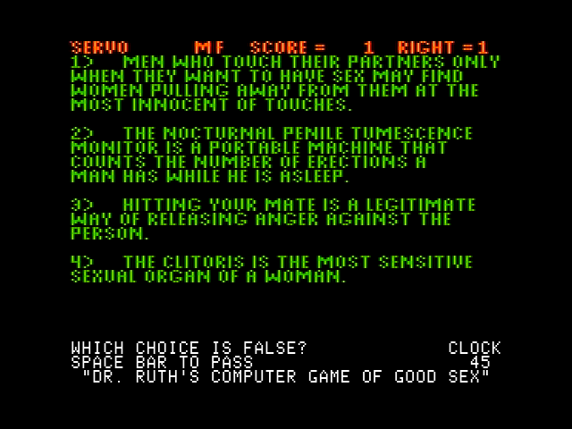 Dr. Ruth's Computer Game of Good Sex (Apple II) screenshot: Which of these is false?