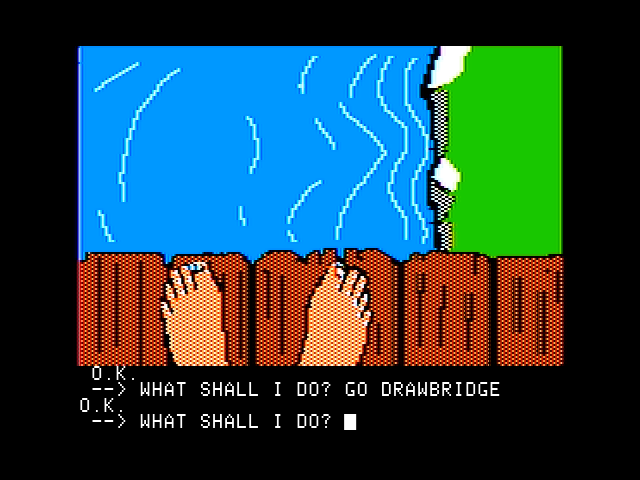 Sorcerer of Claymorgue Castle (Apple II) screenshot: Should I dive into the moat?