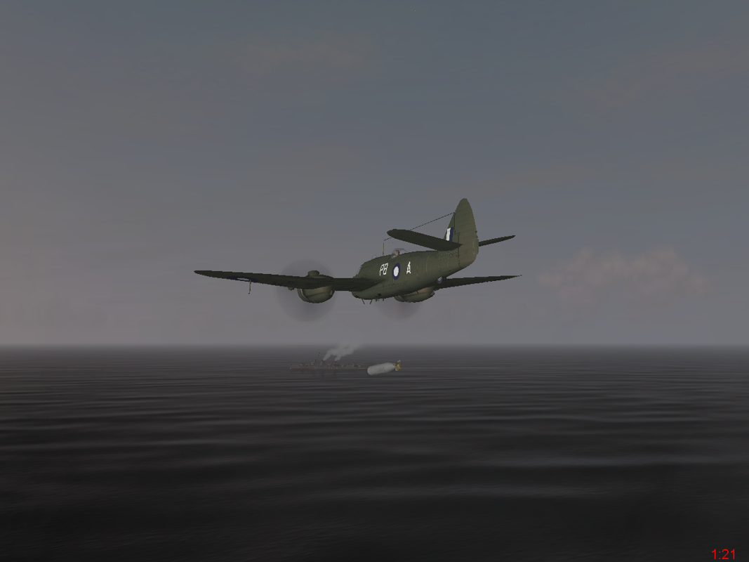 Pacific Fighters (Windows) screenshot: The Bristol Beaufighter is dropping a torpedo.