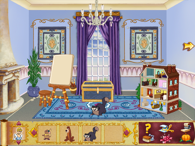 Disney's Cinderella's Dollhouse (Windows) screenshot: Clicking on the wall changes the colors, drapes, and fireplace