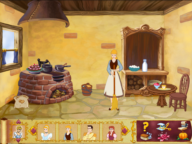 Disney's Cinderella's Dollhouse (Windows) screenshot: Giving something to a character causes an animation - here Cinderella does a pre-prince chore