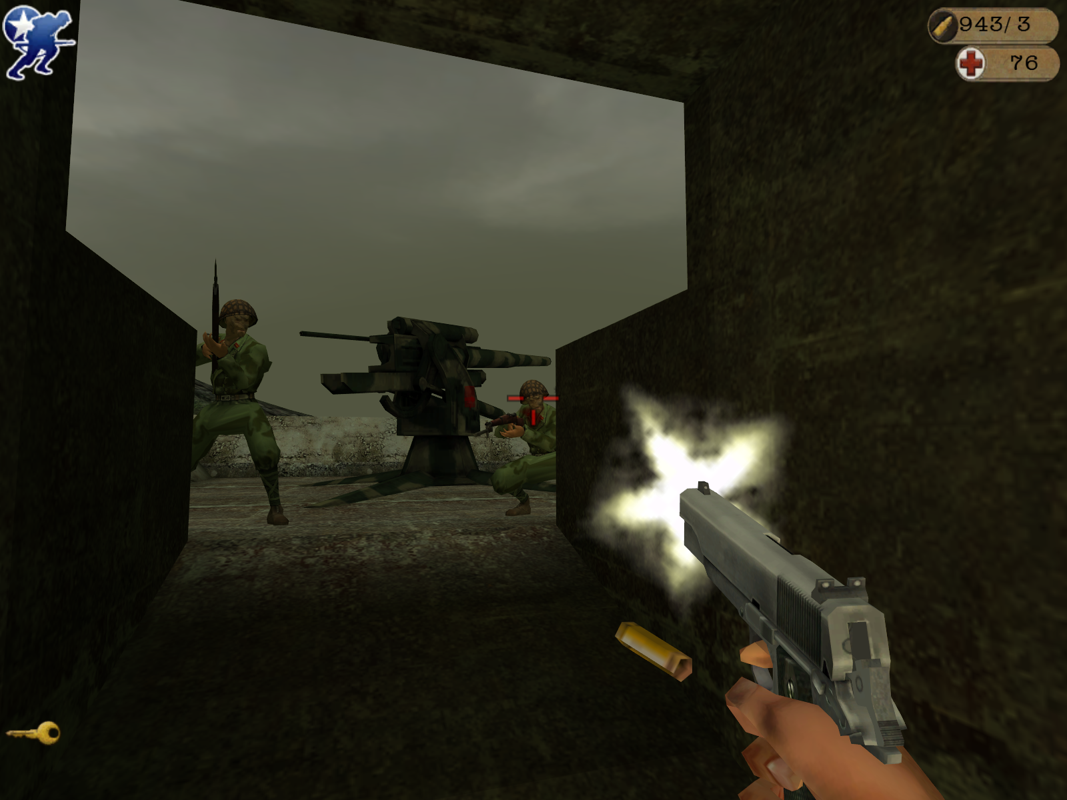 World War II Combat: Iwo Jima (Windows) screenshot: Fighting enemies guarding a big gun.