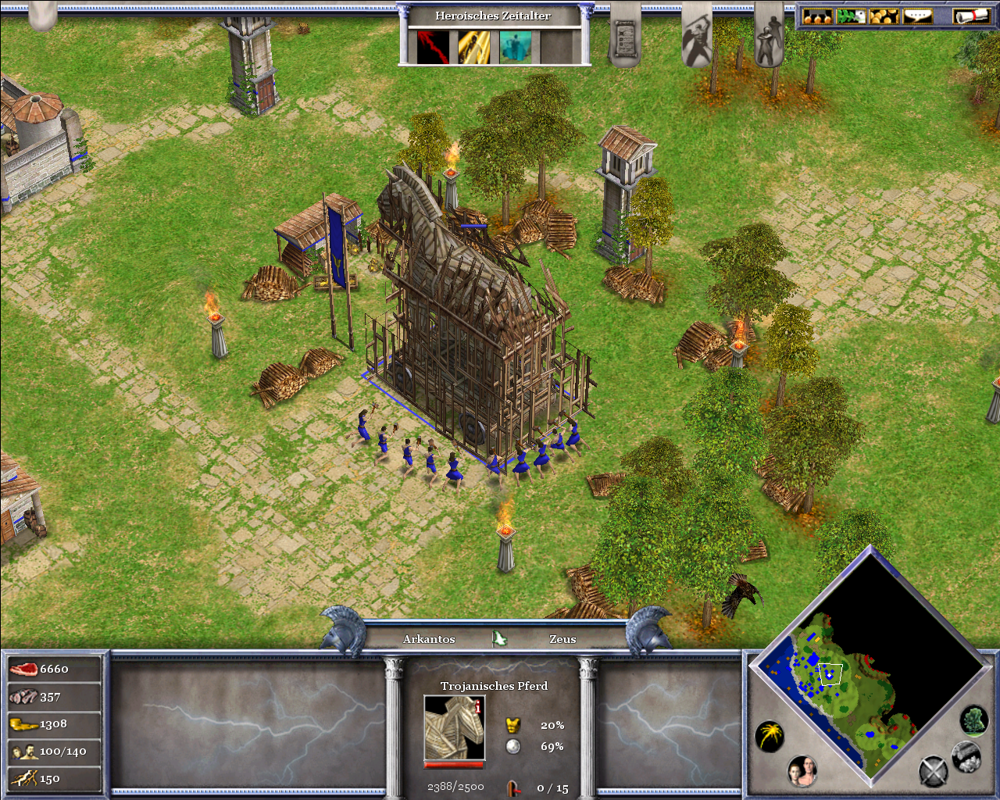 Age of Mythology (Windows) screenshot: My workers are building the Trojan Horse.