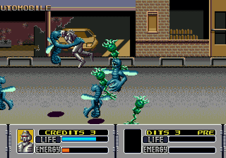 Alien Storm (Genesis) screenshot: "Put me down this instant, or prepare to be terminated!"