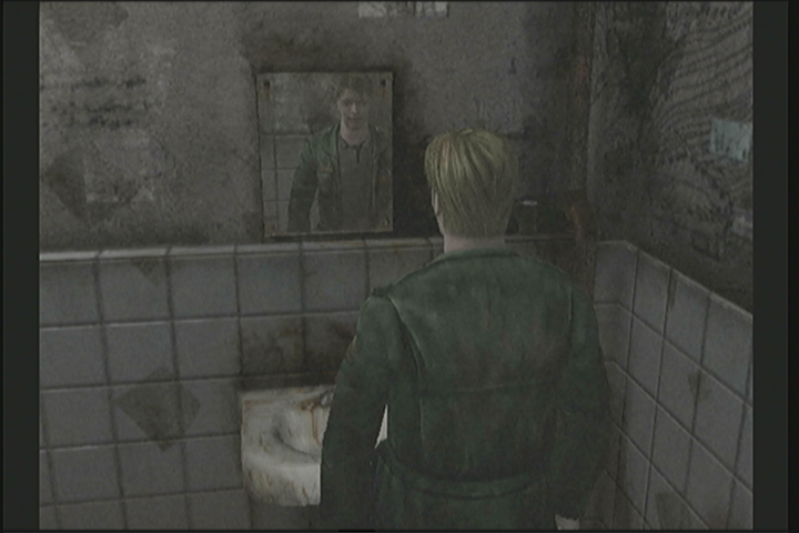 Silent Hill 2: Restless Dreams (Xbox) screenshot: James starts the game looking in the mirror in a filthy restroom.