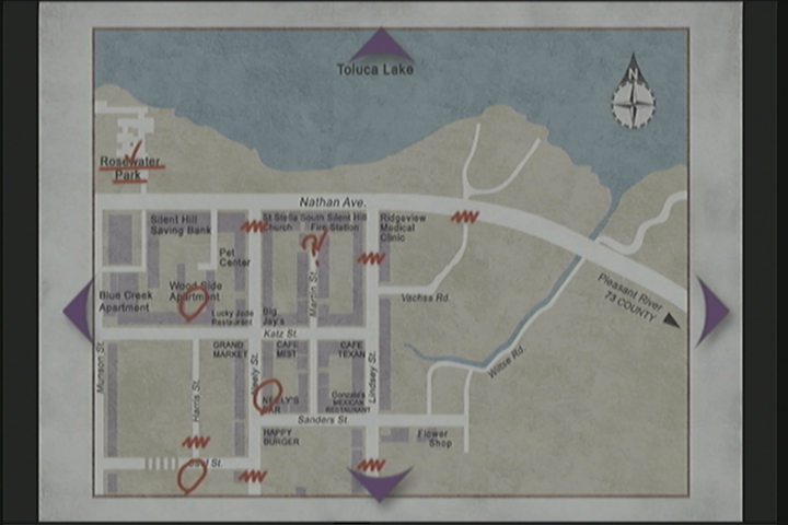 Silent Hill 2: Restless Dreams (Xbox) screenshot: Town map. James marks areas of interest.