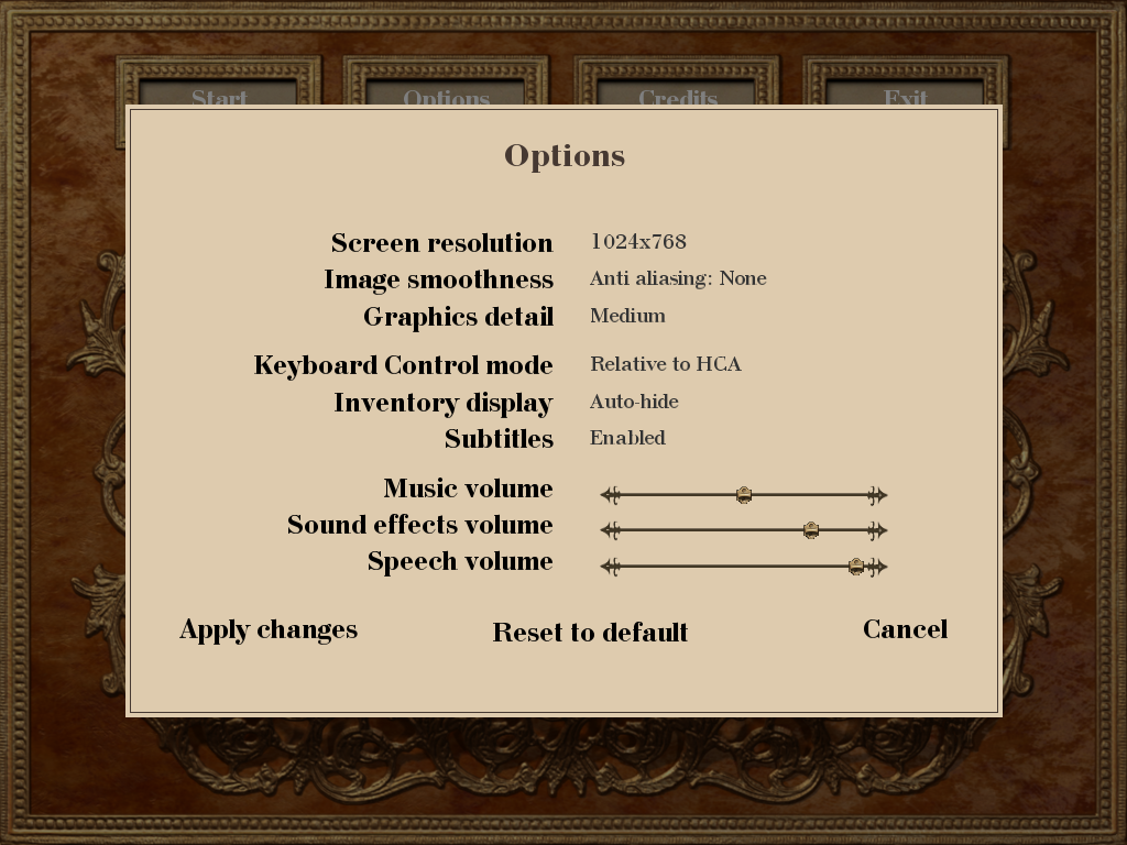 The Ugly Prince Duckling (Windows) screenshot: Options Screen