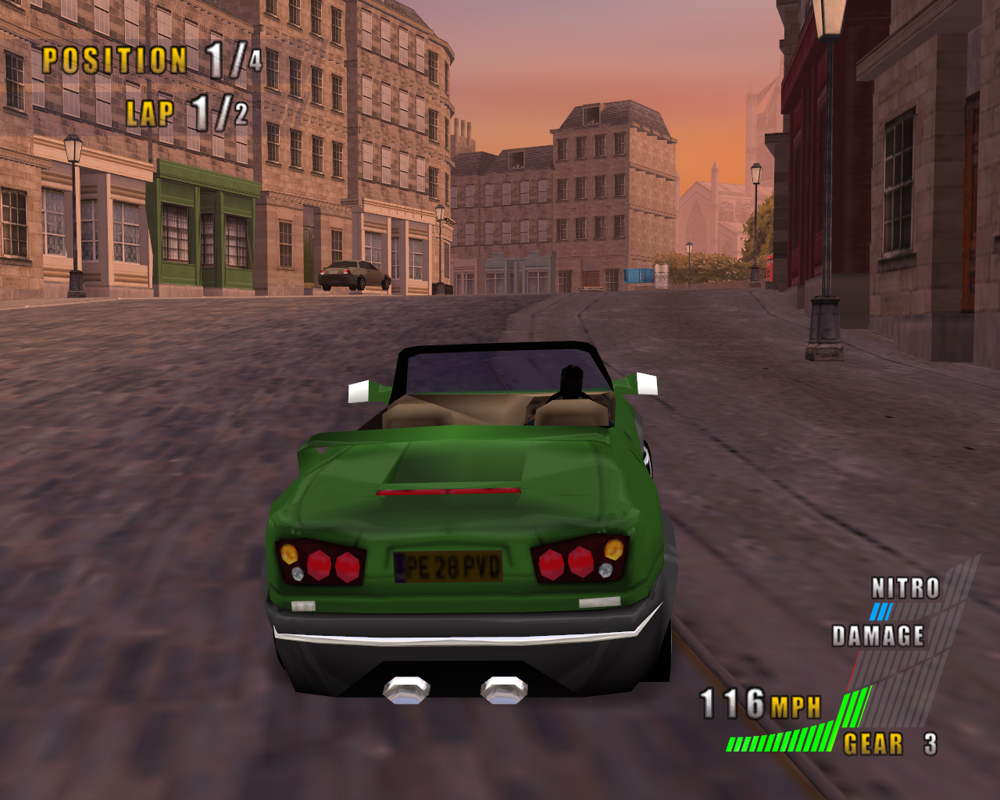 London Racer II (Windows) screenshot: The hilly streets of Edinburgh lead up to the Edinburgh Cathedral.