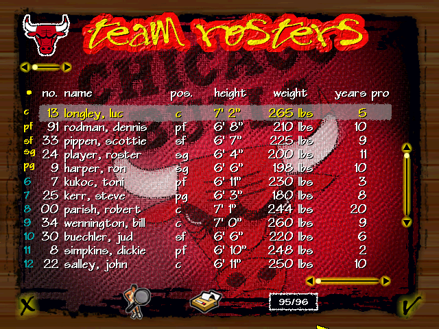 NBA Live 97 (DOS) screenshot: Team rosters screen