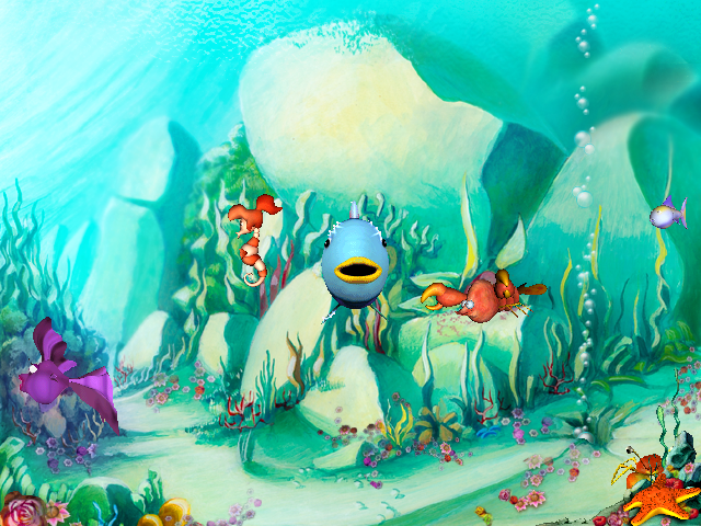Rainbow Fish and the Amazing Lagoon (Windows) screenshot: Rainbow Fish is about to begin his adventure. The starfish on the bottom right is the exit icon.
