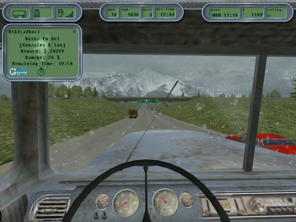 Hard Truck: 18 Wheels of Steel (Windows) screenshot: It starts to snow near the mountains!