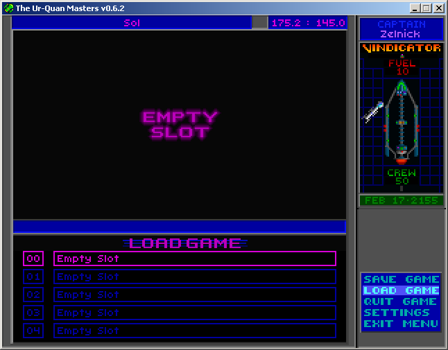 Star Control II (Windows) screenshot: Full game load/restore screen