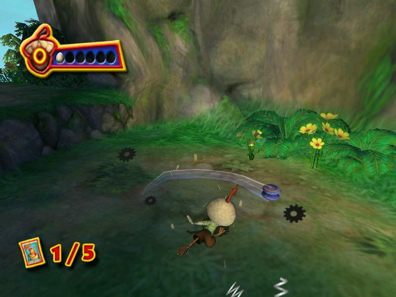 Disney's Chicken Little (Windows) screenshot: Chicken Little demolishes a wind-up enemy, with (again) his trusty yo-yo