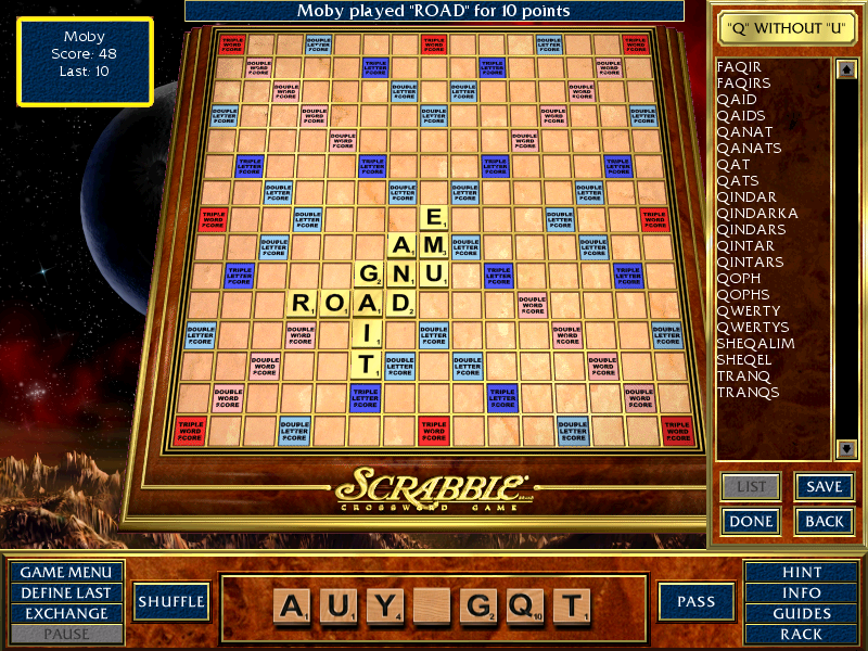 Scrabble Complete (Windows) screenshot: The "Q without U" list: one would never guess that "QWERTY" counts as a word!