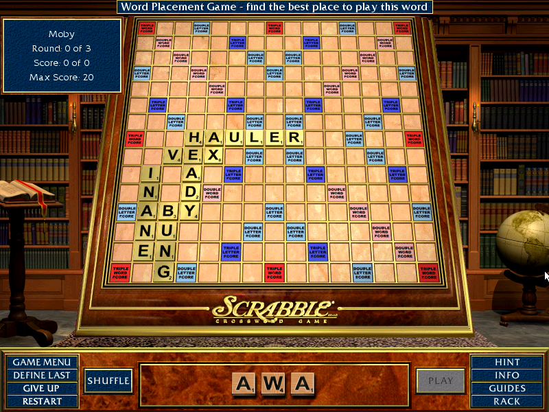 Scrabble Complete (Windows) screenshot: Word Placement mini-game: place the given word on the board to give optimal points