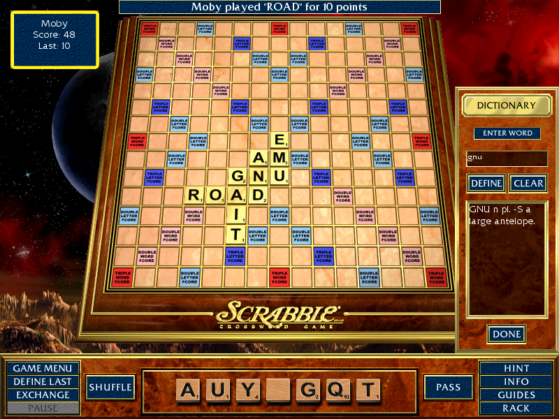 Scrabble Complete (Windows) screenshot: When a word looks suspicious, the player can see a definition