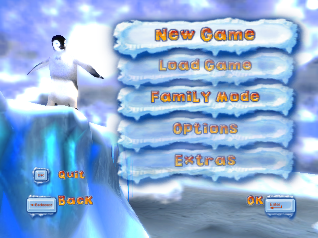 Happy Feet (Windows) screenshot: Loading options - Family Mode allows two-player missions