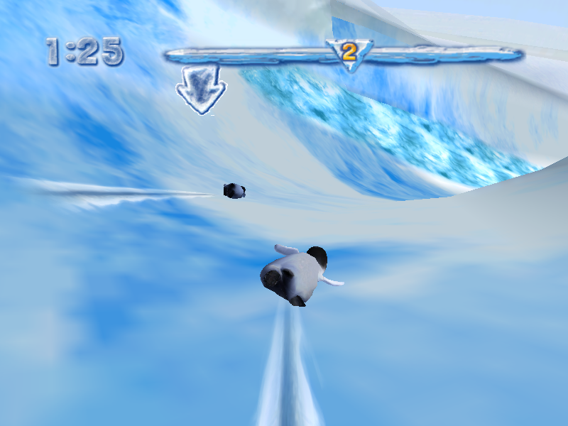 Happy Feet (Windows) screenshot: A belly-sliding mission, racing a friend