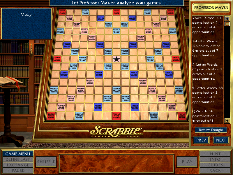 Scrabble Complete (Windows) screenshot: Professor Maven will analyze the player's game if requested, and provide hints to improve play