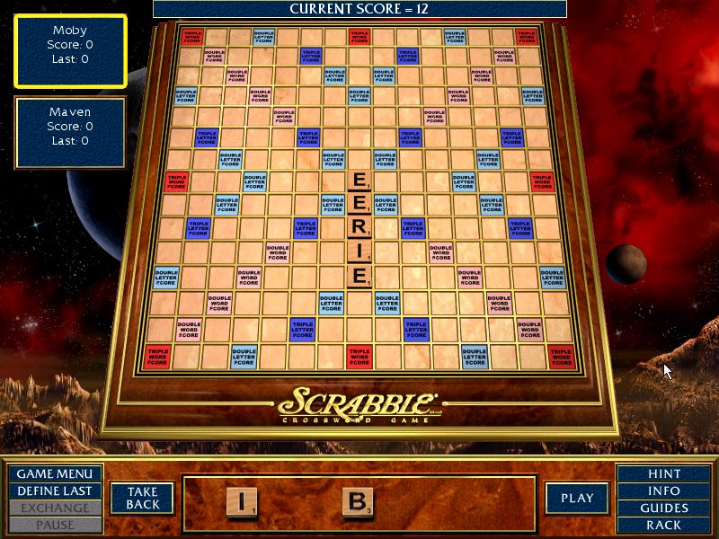 Scrabble Complete (Windows) screenshot: The player begins the first round with a word starting on the center star