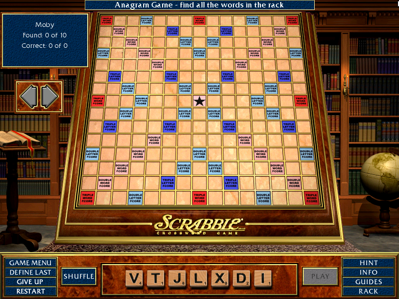 Scrabble Complete (Windows) screenshot: Anagram mini-game: find all the words available using the given letters