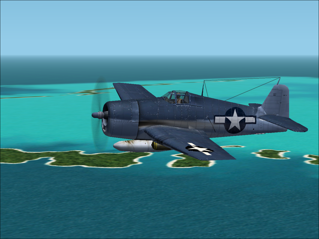 Microsoft Combat Flight Simulator 2: WW II Pacific Theater (Windows) screenshot: This Hellcat is loaded with two bombs and a drop tank.