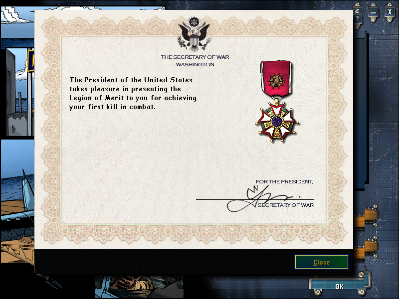 Microsoft Combat Flight Simulator 2: WW II Pacific Theater (Windows) screenshot: I have received the Legion of Merit for my first air victory.