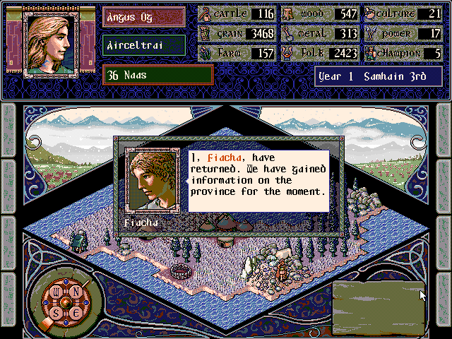 Celtic Tales: Balor of the Evil Eye (DOS) screenshot: Fiacha returns from scouting. Exploration is key early on, as you will want to find good land for minimal effort.