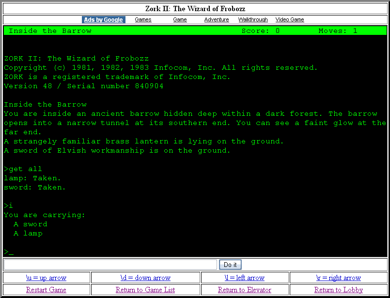 Zork II: The Wizard of Frobozz (Browser) screenshot: Starting location
