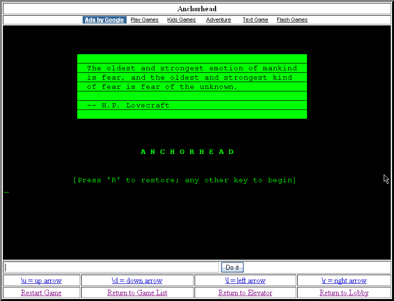 Anchorhead (Browser) screenshot: Start screen
