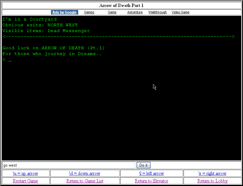 Arrow of Death: Part I (Browser) screenshot: Starting location