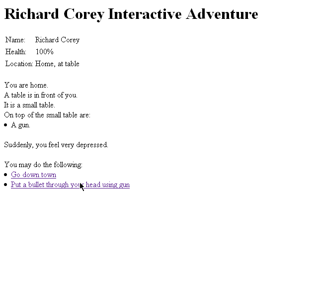 Richard Corey Interactive Adventure (Browser) screenshot: The plot thickens