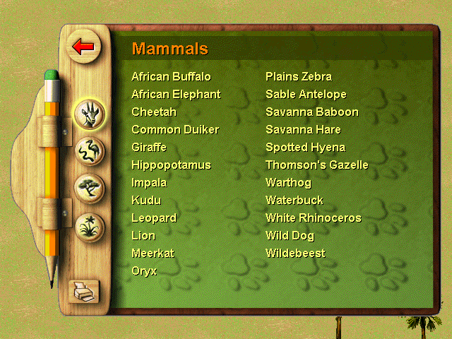SimSafari (Windows) screenshot: The player can find information about every animal and plant in the game