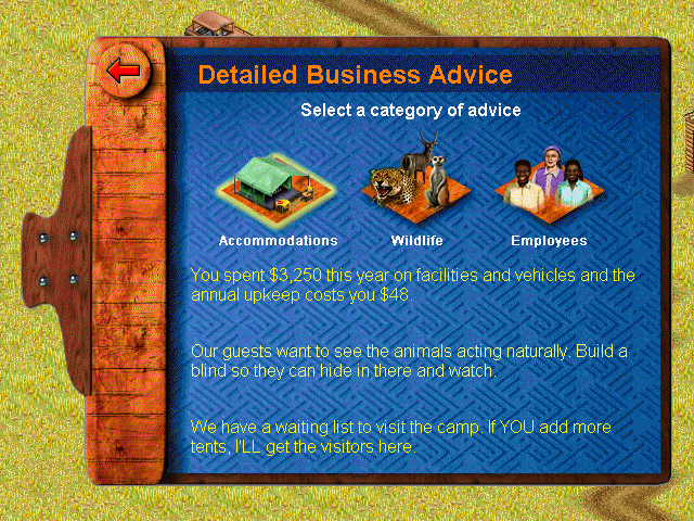 SimSafari (Windows) screenshot: The business manager gives advice in three areas...