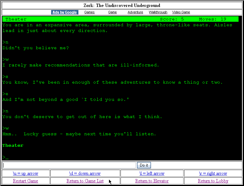 Zork: The Undiscovered Underground (Browser) screenshot: A play on the genre's frequent "impossible maze" puzzles