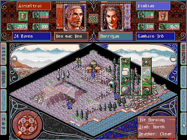 Celtic Tales: Balor of the Evil Eye (DOS) screenshot: When Irish swords are shiny... Battles and raids are played out on the same main gameplay window as the rest of the tactical options.