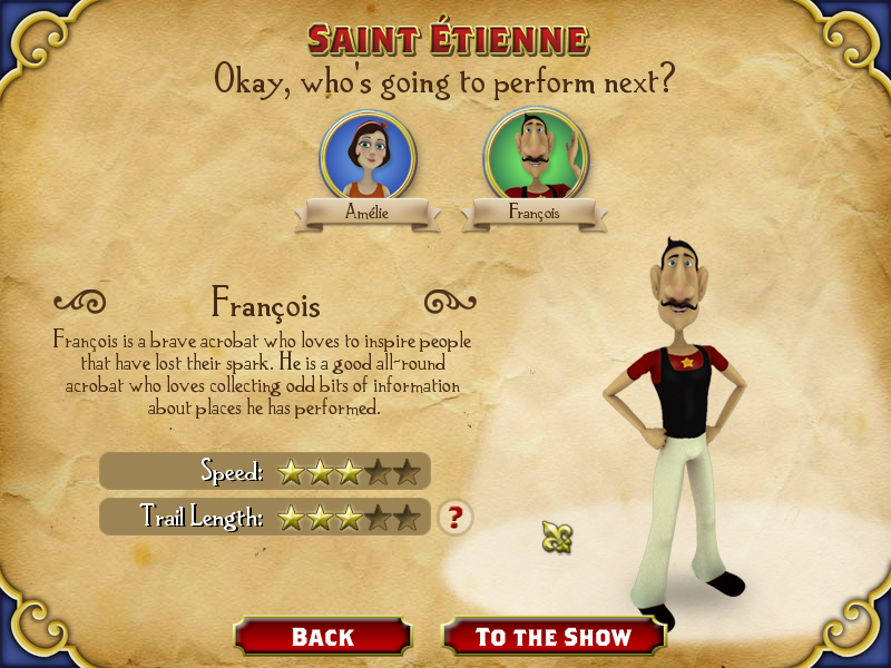 The Flying Trapeezees (Windows) screenshot: François at the character selection screen