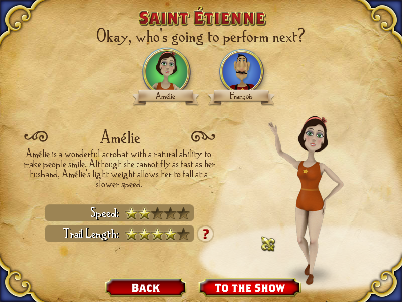 The Flying Trapeezees (Windows) screenshot: Amélie at the character selection screen