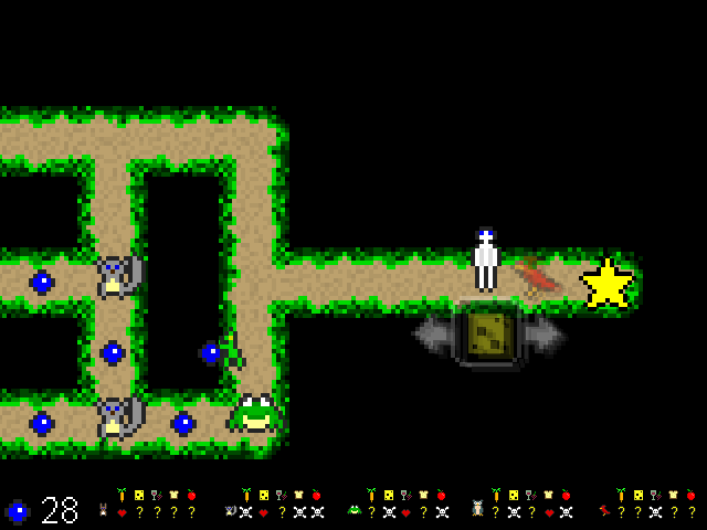 Regret (Windows) screenshot: The little green guy carries away the blue orbs.