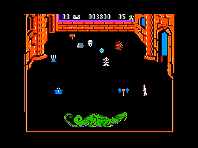 Dragonfire (Apple II) screenshot: A pesky knight guards the treasure as well as a dragon!