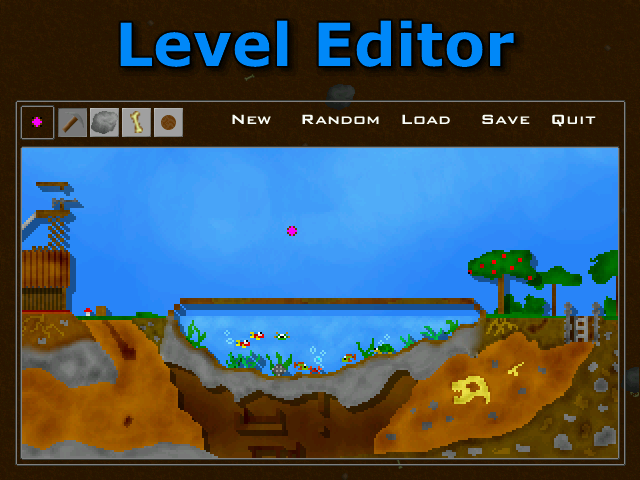 Liero Xtreme (Windows) screenshot: A level-editor view of one of the colorful levels available