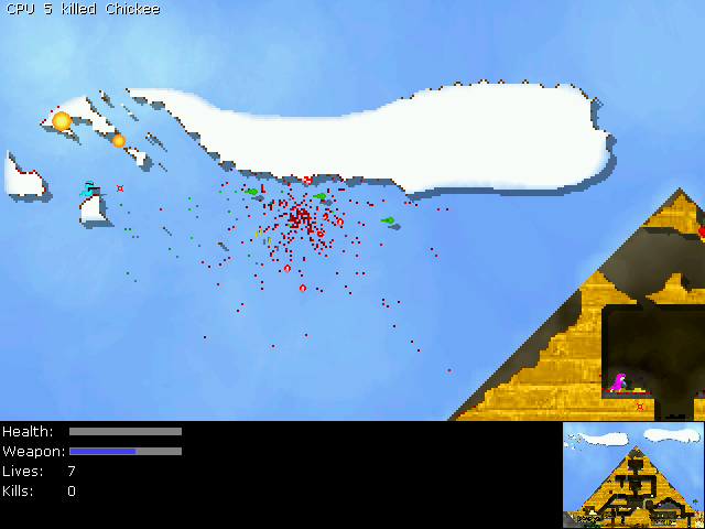 Liero Xtreme (Windows) screenshot: Exploding worms, destructible clouds, and an ancient pyramid