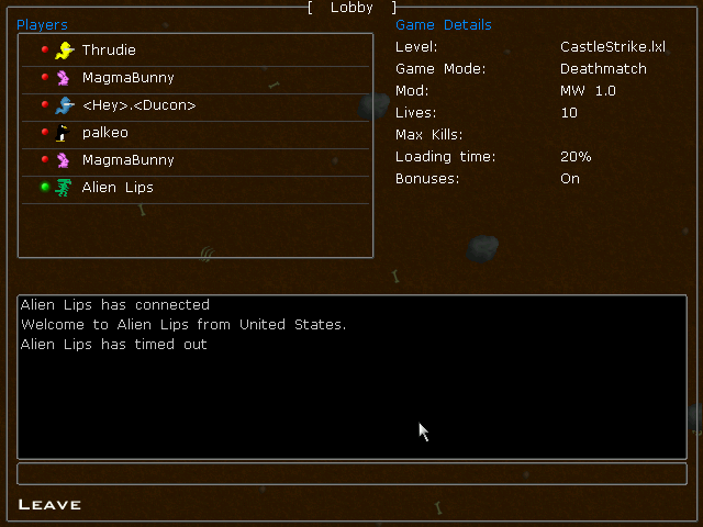 Liero Xtreme (Windows) screenshot: Connecting to a server in France