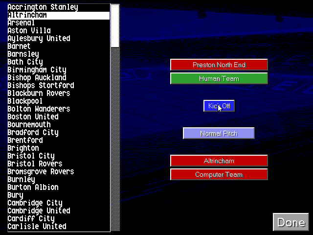 Manchester United: The Double (DOS) screenshot: Selecting the teams for a single match.