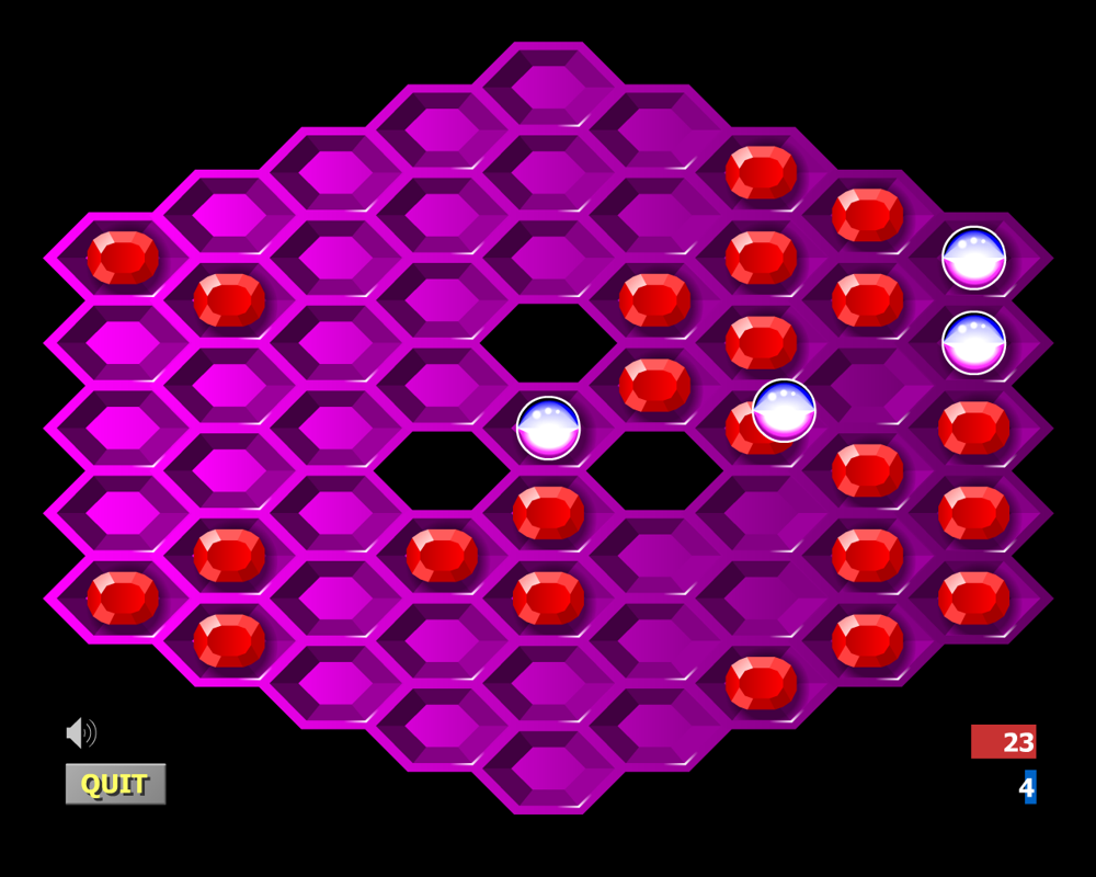 Hexxagon (Browser) screenshot: Such a mistake to leave a space between five diamonds...