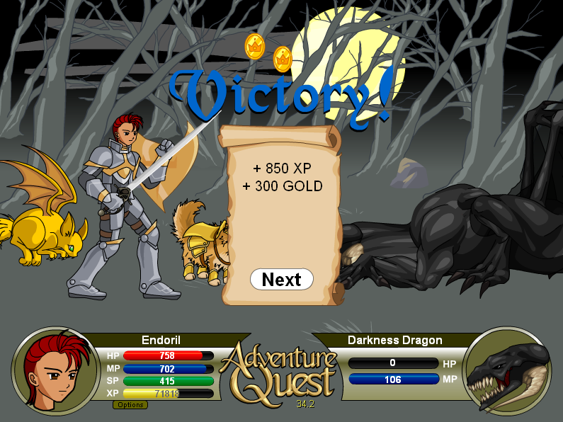 AdventureQuest (Browser) screenshot: Victory! On to the next random encounter...