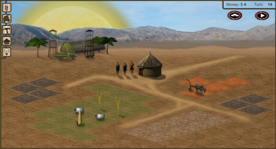 3rd World Farmer (Browser) screenshot: Militants have set up camp in the distance, one of the children have grown up, and a plow has been bought.