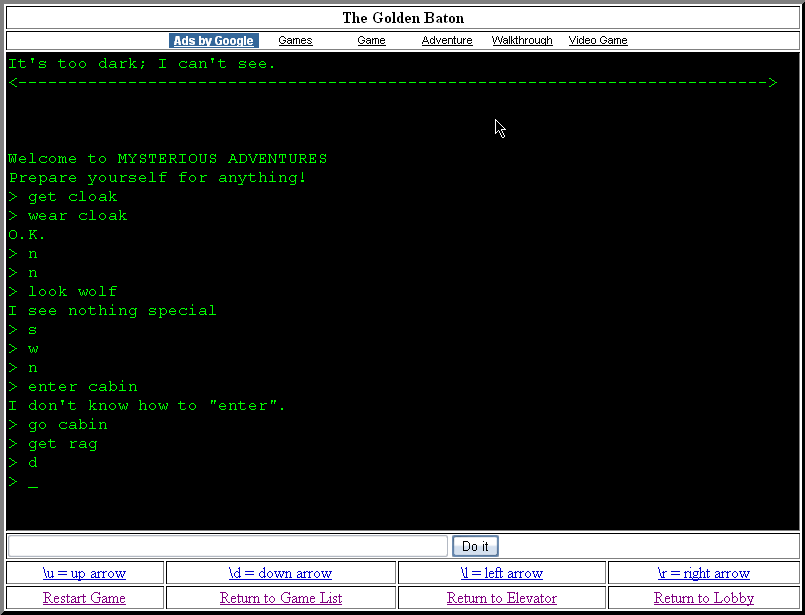 The Golden Baton (Browser) screenshot: I explored until I hit a dark patch.