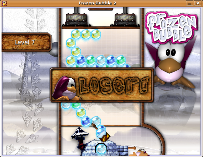 Frozen Bubble (Linux) screenshot: I lost on level 7.