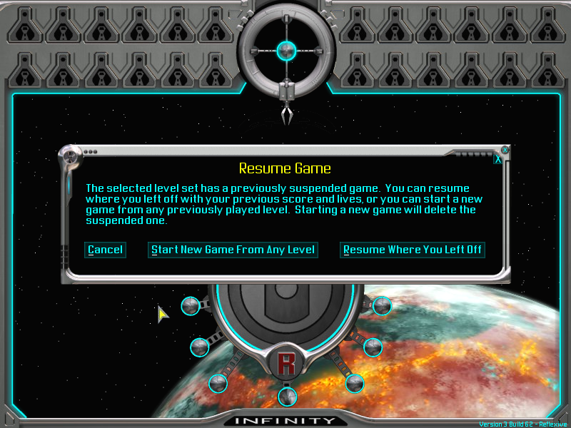Ricochet Infinity (Windows) screenshot: Resume game screen.